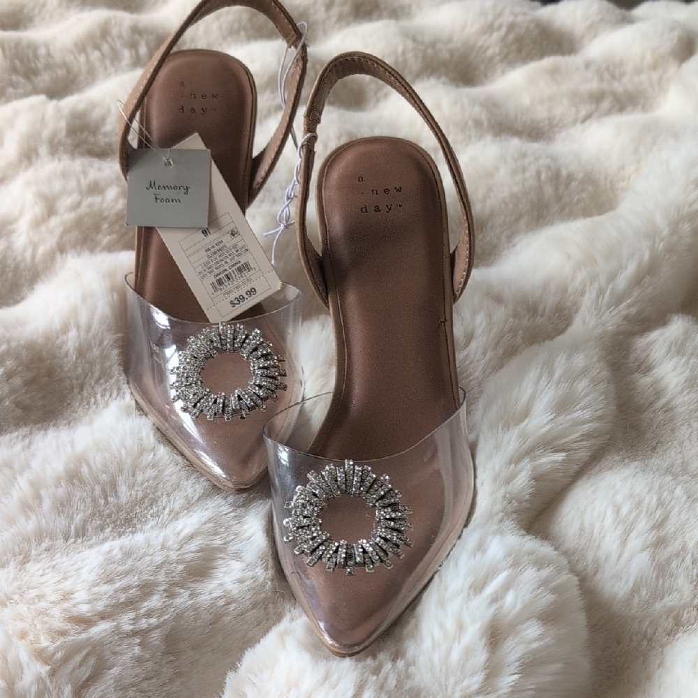A New Day Women's Clear Heels with Silver Rhinestone Accents - Picture 1 of 4